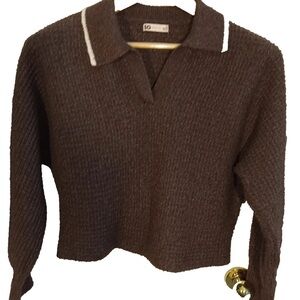 SO Brown V-Neck Sweater with White Collar